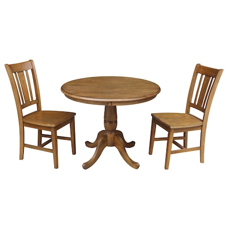 International Concepts Round 36 in Round Top Pedestal Table, with 2 Chairs, Pecan, 36 in W, 36 in L, 29.1 in H, Wood K59-36RT-C10-2